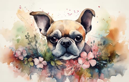 Watercolor illustration of french bulldog portrait surrounded by flowers and splashes of watercolor paint on white background , generative AI