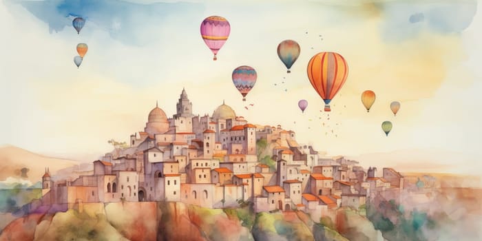 watercolor paint of City with a lot of beautiful houses on a hill and hot air balloons in the sky , generative AI