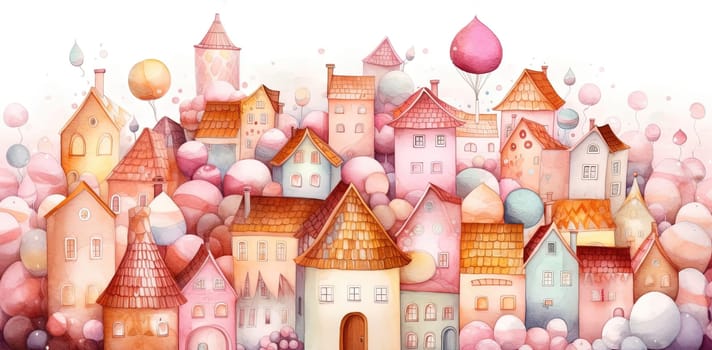 watercolor paintings of fabulous houses among marshmallows, sweets and lollipops on the magic candy Street in pastel colors , generative AI