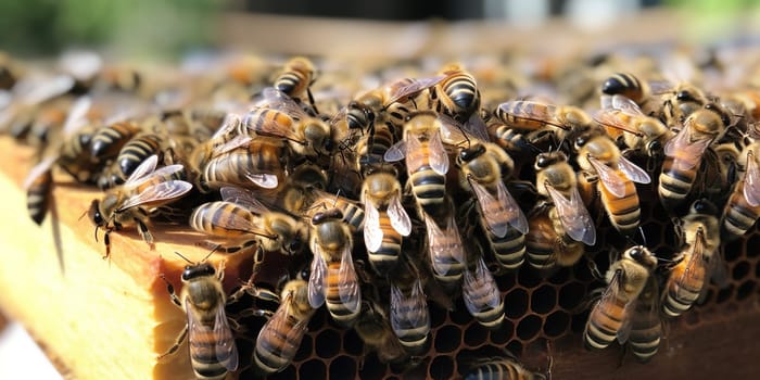 Swarms of bees surrounded the honeycomb, close-up shot