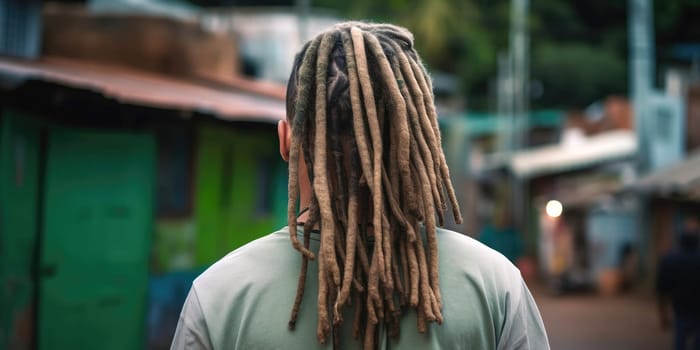man's dreadlocks hair medium haircut back view on a street, generative AI