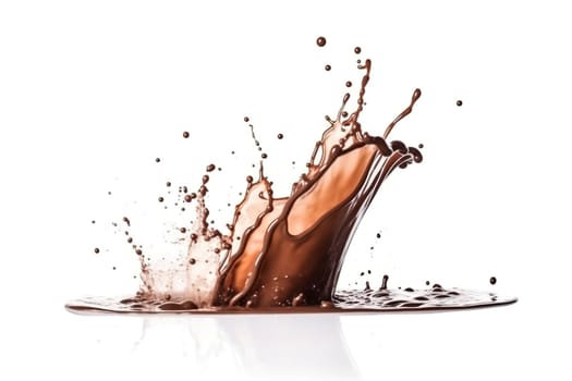 drops and splashes of hot chocolate isolated on a white background , generative AI
