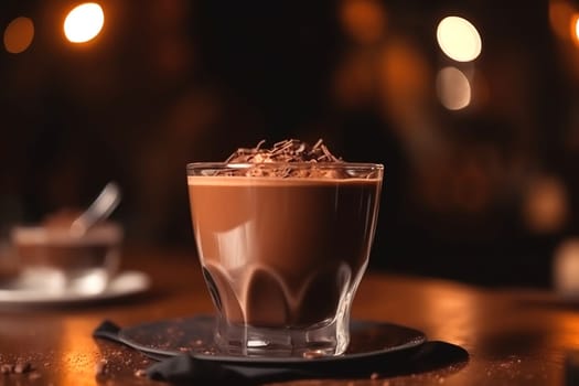 hot chocolate dessert in a cup on a table in a cafe , generative AI