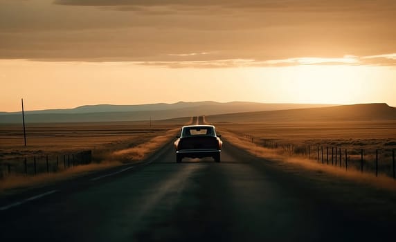 lonely retro car is going by empty highway through in the evening, amazing landscape View at sunset