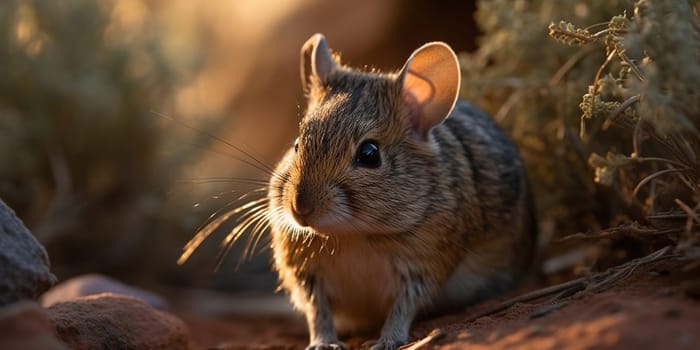 Cute Field Mouse On The Ground At Sunset Light At Sunset