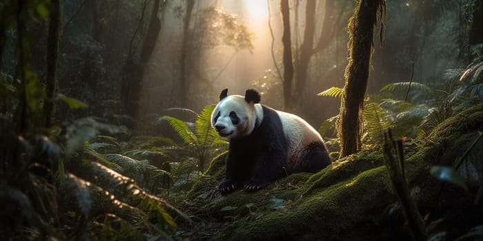 Cute Panda Bear In The Jungle Forest In The Evening At Sunset