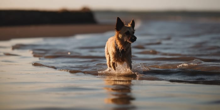 Dog swims towards shore in ocean water by beach.