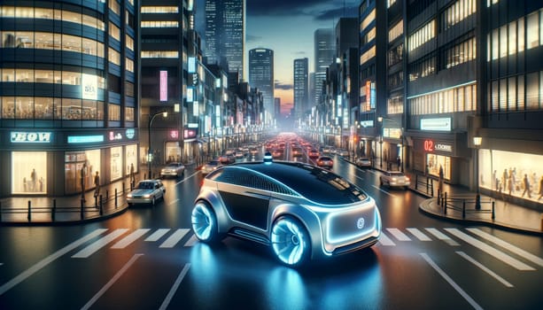 A self-driving car glides through a neon-lit cityscape at dusk, epitomizing the future of urban transport in a technologically advanced metropolis