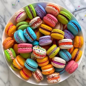 top view of vibrant and colorful variety of macarons of different flavors.