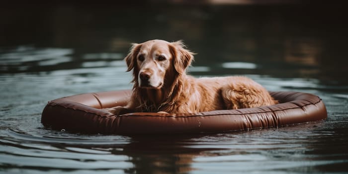 Golden Retriever dog swimming in water with inflatable circle mattress brings joy.