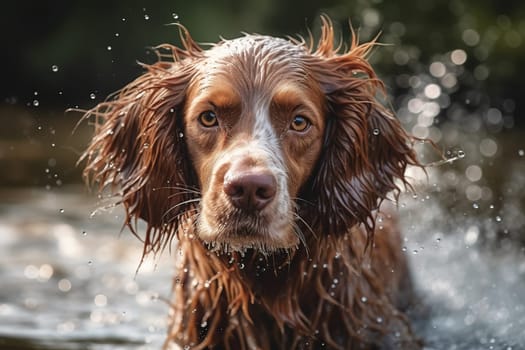 Dog swimming creates splashes and drops of water everywhere.