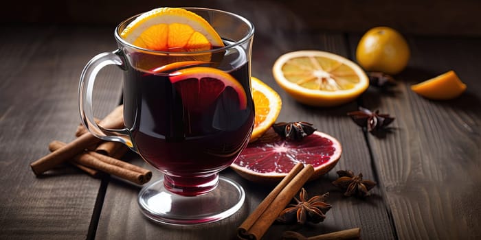 Hot gluhwein in two glasses, mulled wine with oranges and spices on a wooden table