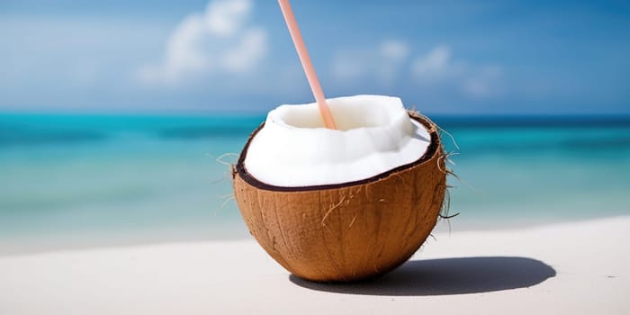 Half of Fresh coconut juice with cocktail pipe on a beach
