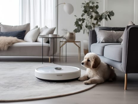 Cute dog and wireless vacuum cleaner cleaning a floor in a living room