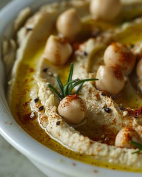 macro close-up view of chickpea Hummus.