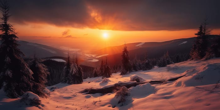 amazing sunset in Winter mountains. sun is sitting over the snowy horizon, generative AI