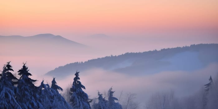 amazing panoramic winter View on the snowy mountains in the Mist, generative AI