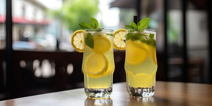 Two glasses with fresh cold lemonade with lemons and mint on a cafe table