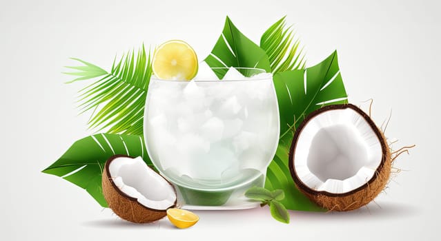 Illustration of a tropical coctail with ice, coconuts and leaves on a white background