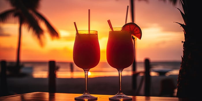 Close-up shot of a pair of tropical cocktails with a sunset in blurred the background