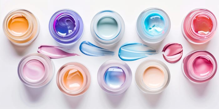 Multicolored cream eyeshadows in jars on white background, close up.