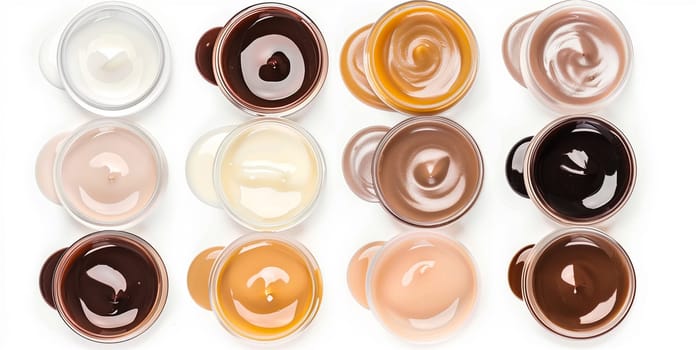 Multicolored cream eyeshadows in jars on white background, close up.