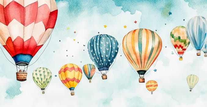 A colorful hot air balloon with a blue and white stripe is flying in the sky. There are many balloons in the sky, some are red, some are blue, and some are yellow