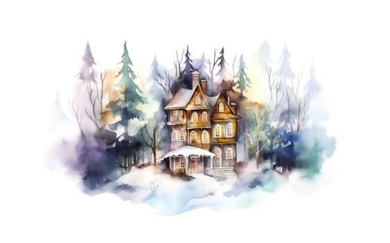 watercolor painting fabulous wooden Castle among trees in winter , generative AI