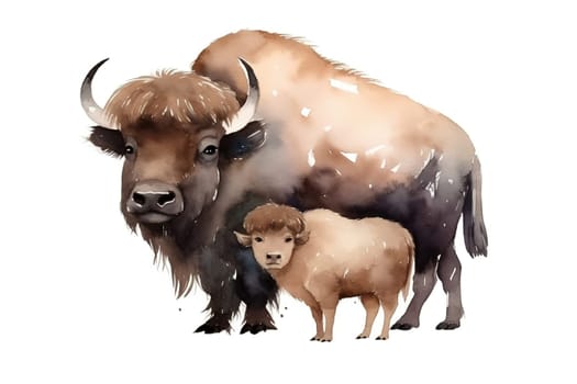 watercolor painting illustration of buffalo with his little cub isolated on a white background , generative AI