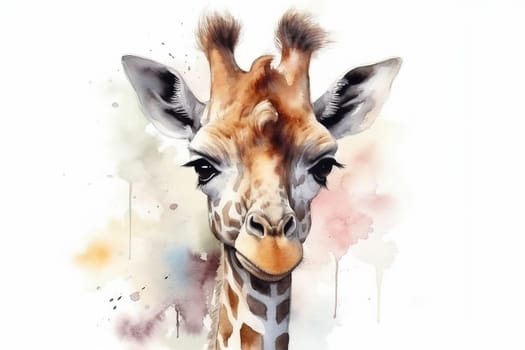 watercolor painting illustration of cute giraffe face on a white background with drops and splashes of watercolor paints in pastel colors , generative AI