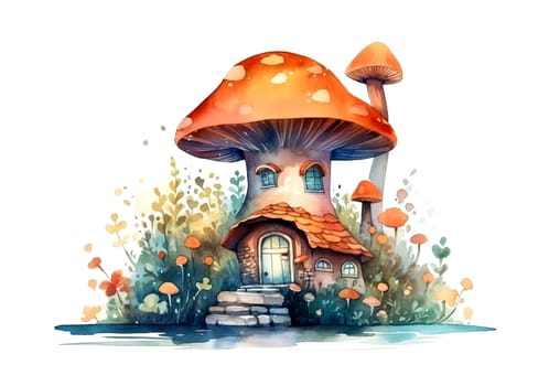 magical fabulous Mushroom two-storey House from storytale, watercolor painting , generative AI