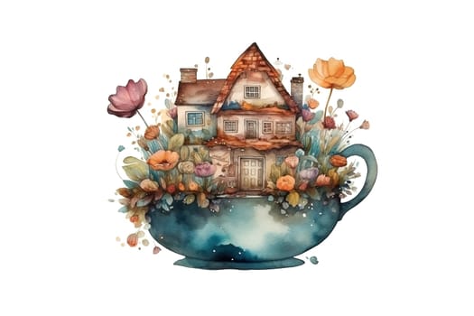 watercolor painting of storage book small wooden house in a fantastic cup with bright flowers , generative AI