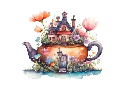 watercolor painting of magical fabulous house in fantastic teapot with big bright flowers , generative AI