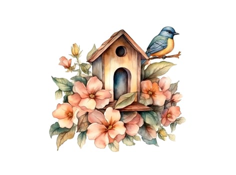 watercolor painting illustration of titmouse bird is about house among beautiful flowers , generative AI