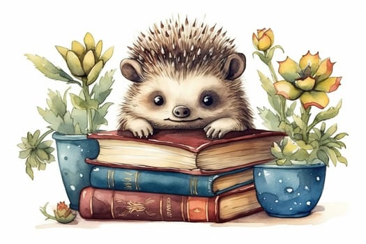 watercolor painting illustration of cute Hedgehog with the home plants and big books on white backgroun , generative AI