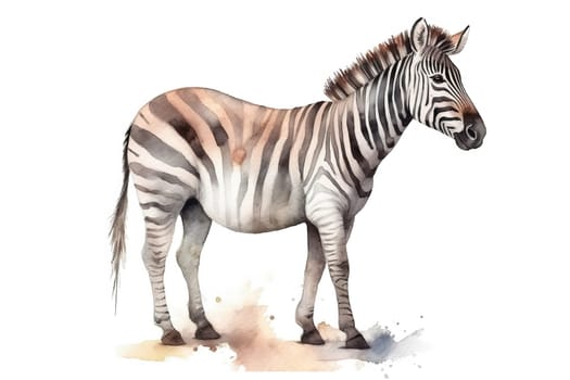 watercolor painting illustration of beautiful Wild zebra isolated on a white background , generative AI