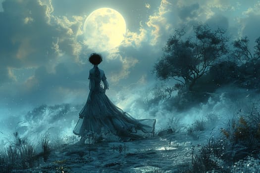 Moonlit figure created with digital brushes, blending photorealism and fantasy elements.