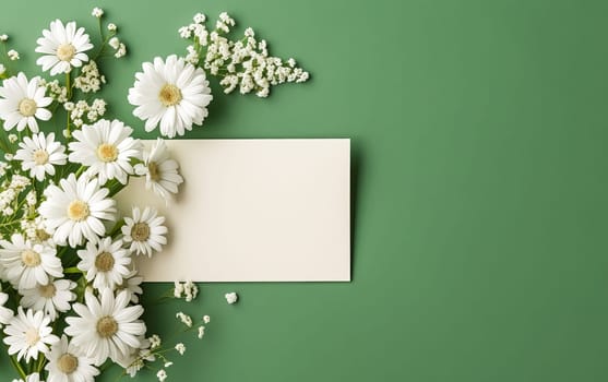 A white sheet of paper is placed on a green background with a bunch of white flowers. The flowers are arranged in a way that they are overlapping the paper, creating a sense of depth and dimension