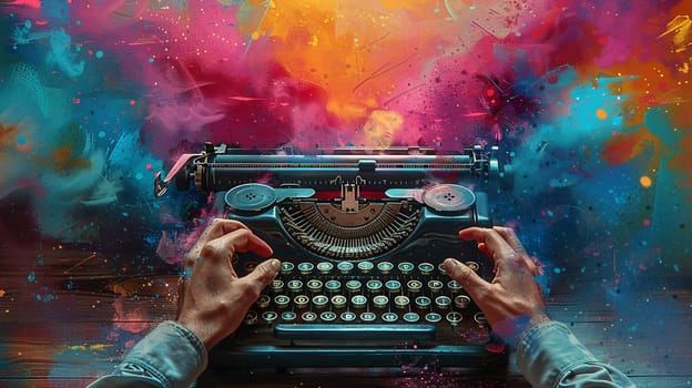 Hands typing on a vintage typewriter, captured with a pop art twist and a burst of creative symbols.