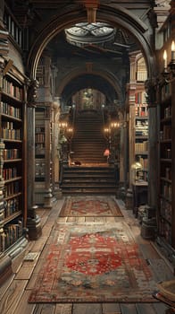 Ancient library scene rendered in a Renaissance painting style, with a focus on depth and perspective.