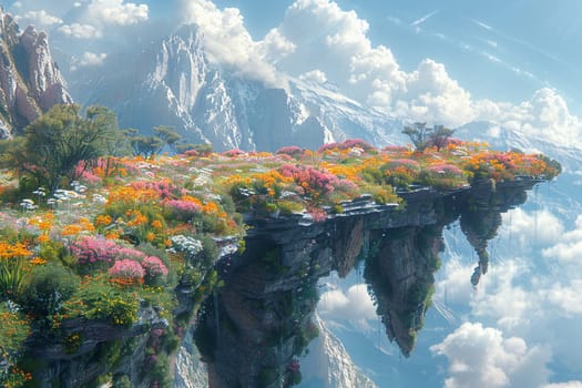 Alien landscape with floating rocks and vibrant flora, rendered in a surrealistic and imaginative style.