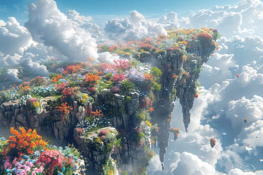 Alien landscape with floating rocks and vibrant flora, rendered in a surrealistic and imaginative style.