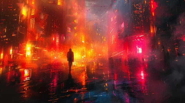 Vibrant digital painting of a figure navigating through neon-lit streets, reflecting the pulse of city life.