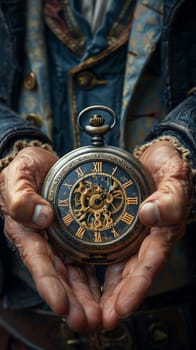 Time traveler's hands setting a vintage pocket watch, rendered with a steampunk aesthetic and Victorian flair.