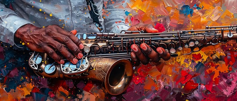 Jazz musician's hands on a saxophone, painted with soulful brushstrokes and deep, resonant colors.