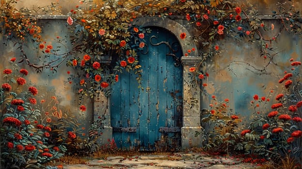 Secret garden gate partially open, inviting exploration, painted with a whimsical, storybook quality.