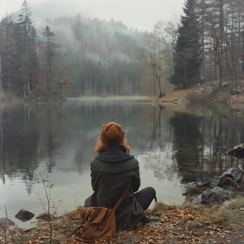 Contemplative wanderer by a placid lake, the still waters echoing silent thoughts.