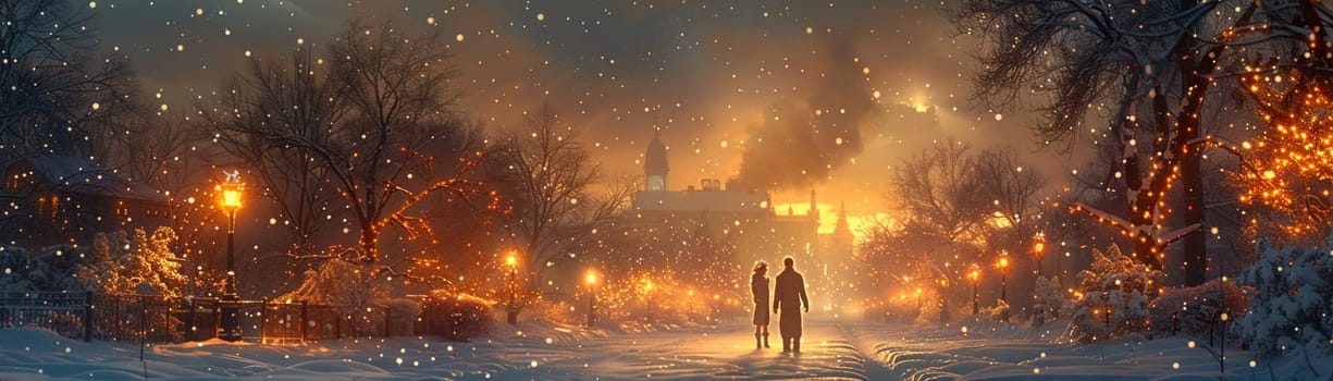 Snowy evening walk rendered in a classic, Norman Rockwell-style with a focus on storytelling and character.