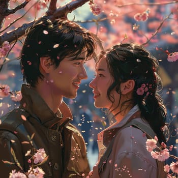 Intimate moment under cherry blossoms, illustrated in a soft, romanticized anime style.