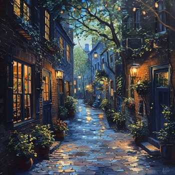 Alleyway sanctuary scene painted with a focus on soft lighting and quiet details in acrylics.